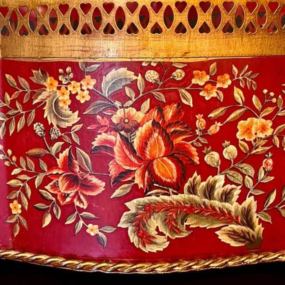 Traditional/Chinoiserie Style Red Floral Decorative Metal Bin / Planter